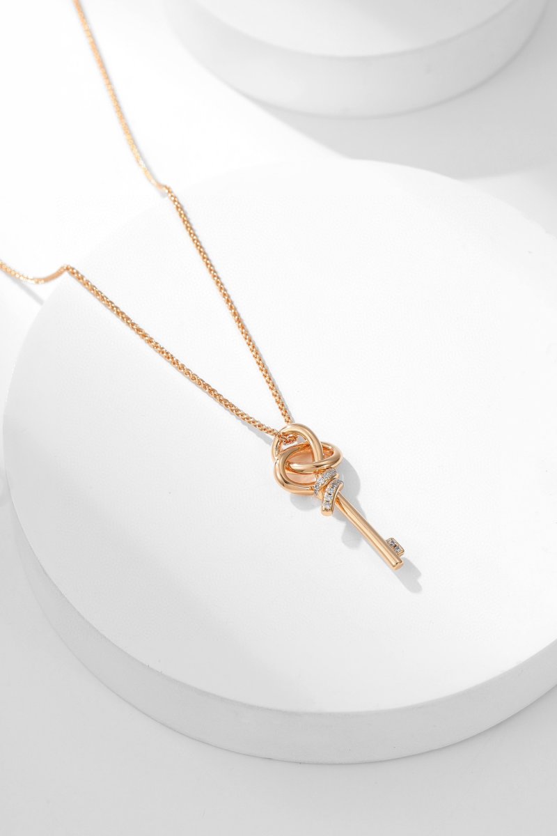 Rose Gold Woven Key Pendant Necklace with Crystal Accents view