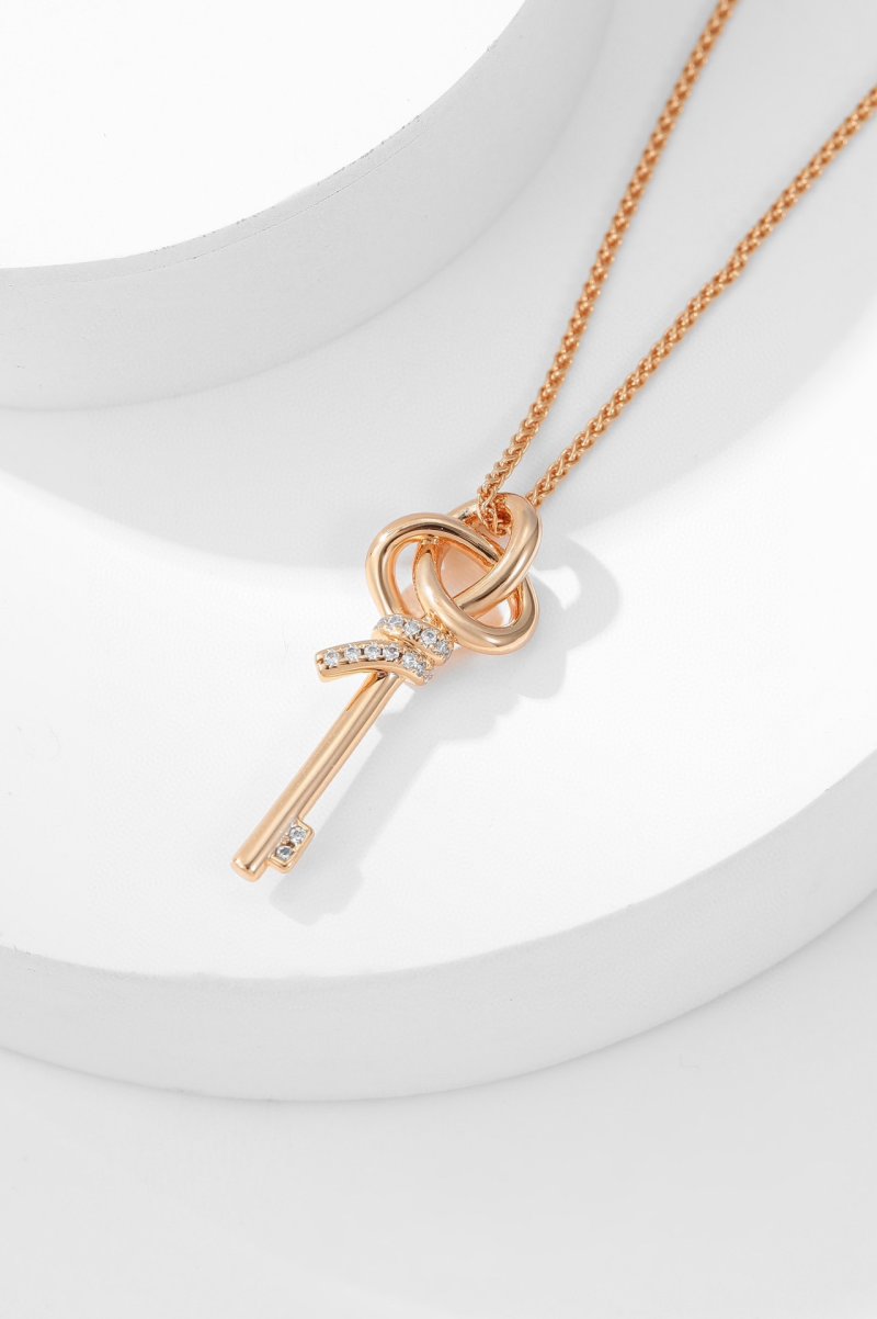 Rose Gold Woven Key Pendant Necklace with Crystal Accents view