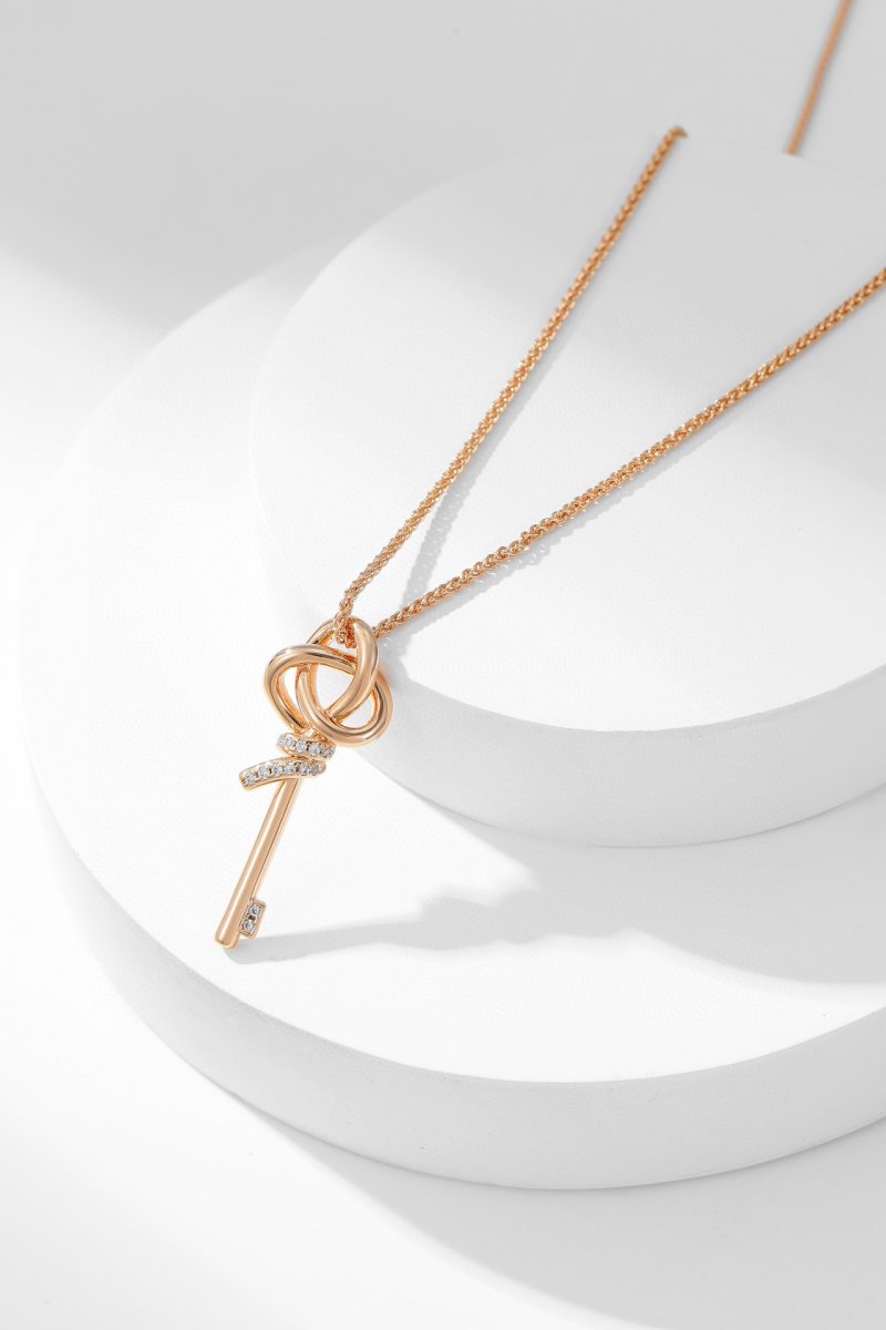 Rose Gold Woven Key Pendant Necklace with Crystal Accents view