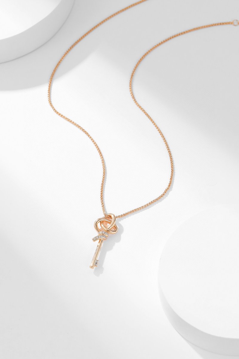 Rose Gold Woven Key Pendant Necklace with Crystal Accents view