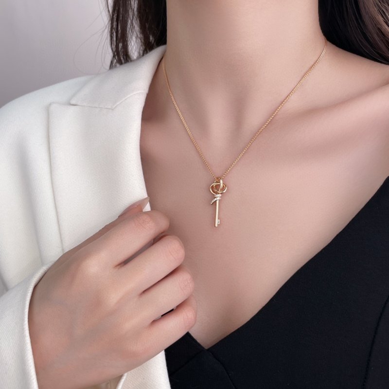 Rose Gold Woven Key Pendant Necklace with Crystal Accents view