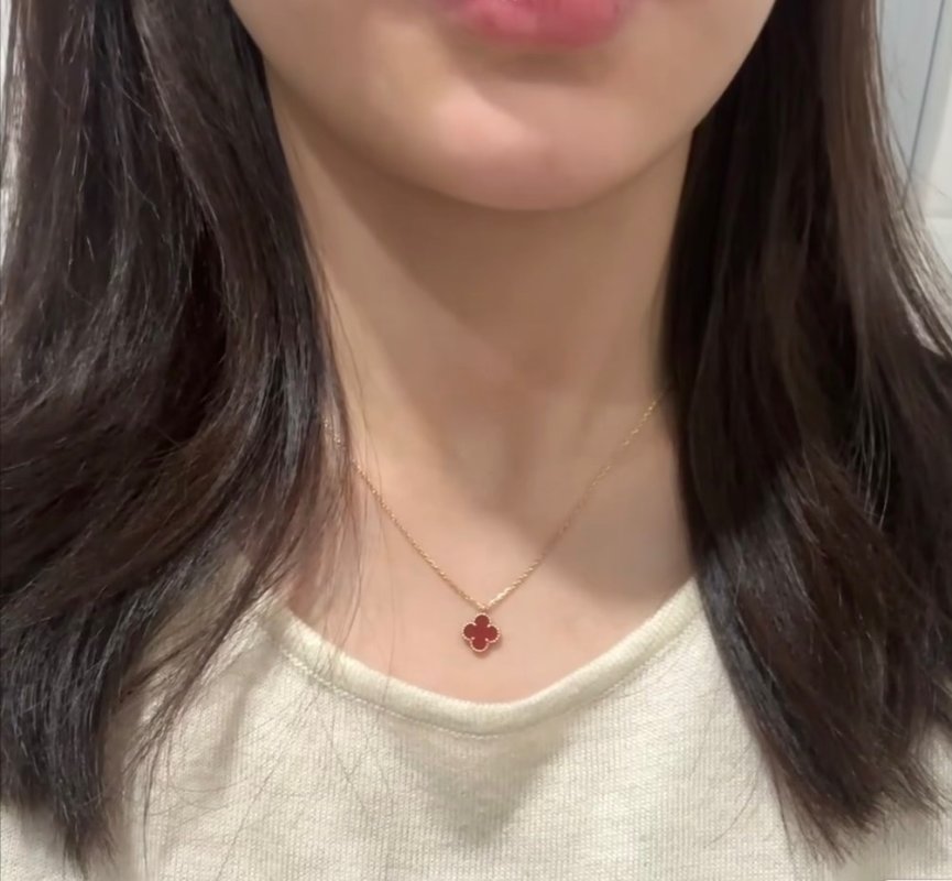 Van Cleef & Arpels Rose Gold Mini Clover Necklace Red view
