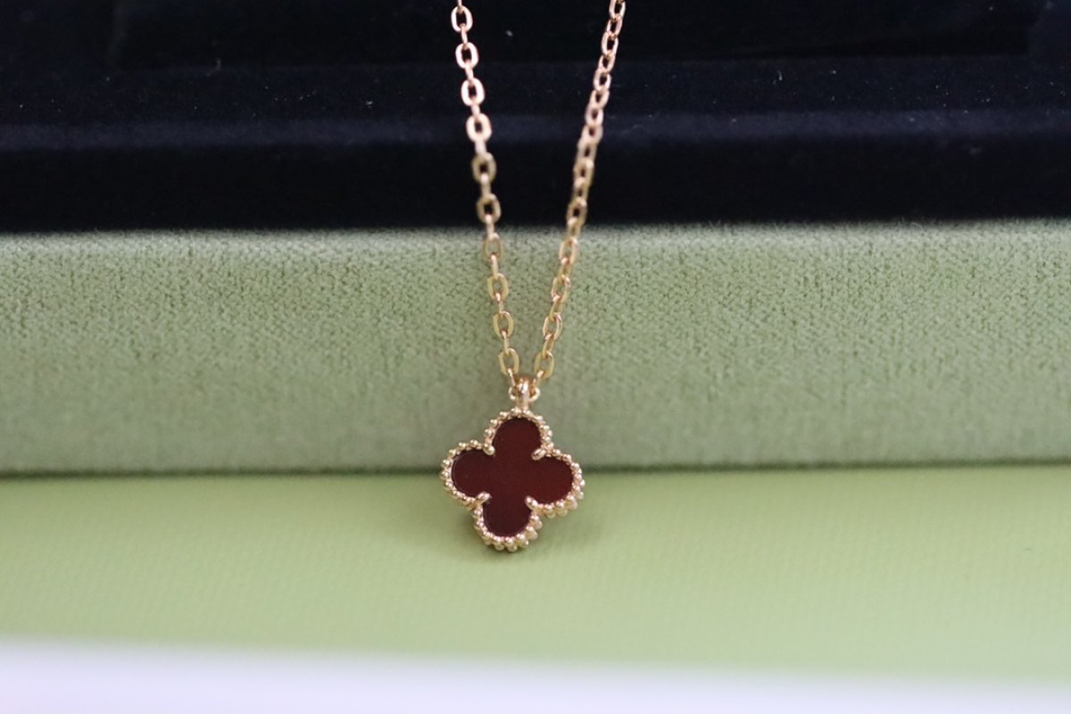 Van Cleef & Arpels Rose Gold Mini Clover Necklace Red view