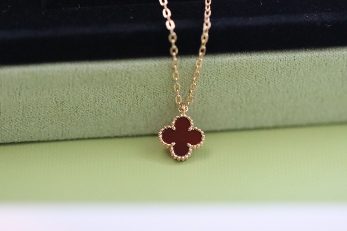 Van Cleef & Arpels Rose Gold Mini Clover Necklace Red view