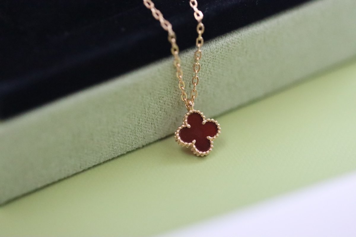 Van Cleef & Arpels Rose Gold Mini Clover Necklace Red view
