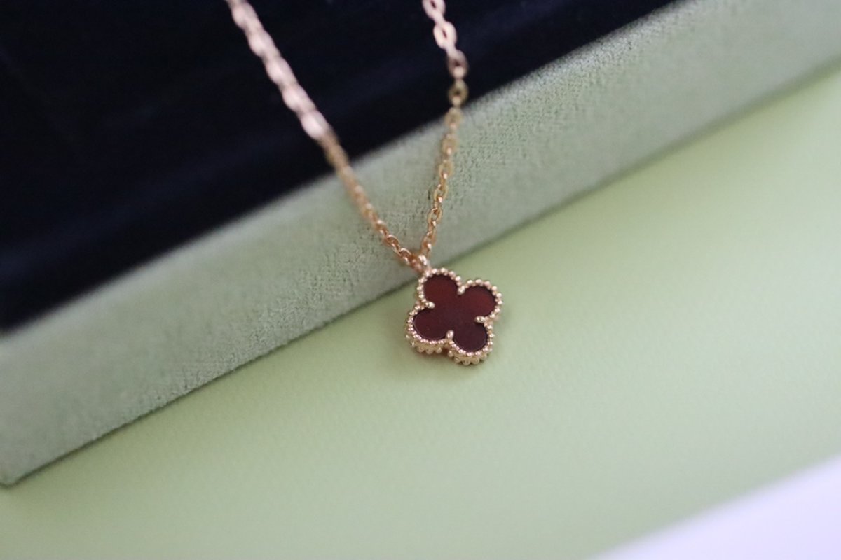 Van Cleef & Arpels Rose Gold Mini Clover Necklace Red view
