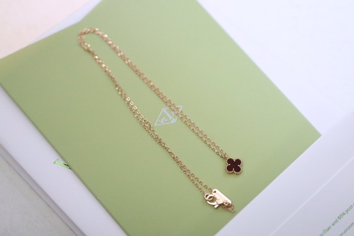 Van Cleef & Arpels Rose Gold Mini Clover Necklace Red view
