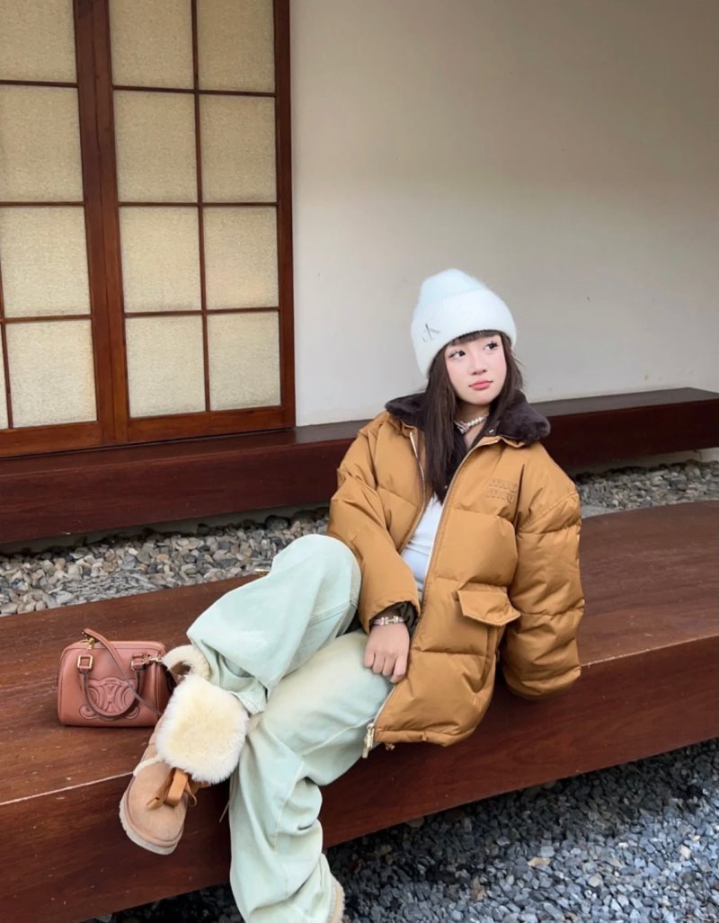 Camel Puffer Down Jacket with Embroidered Logo view