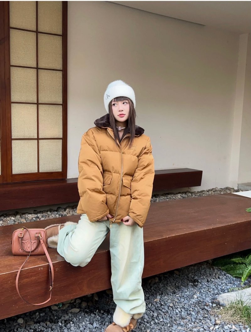Camel Puffer Down Jacket with Embroidered Logo view