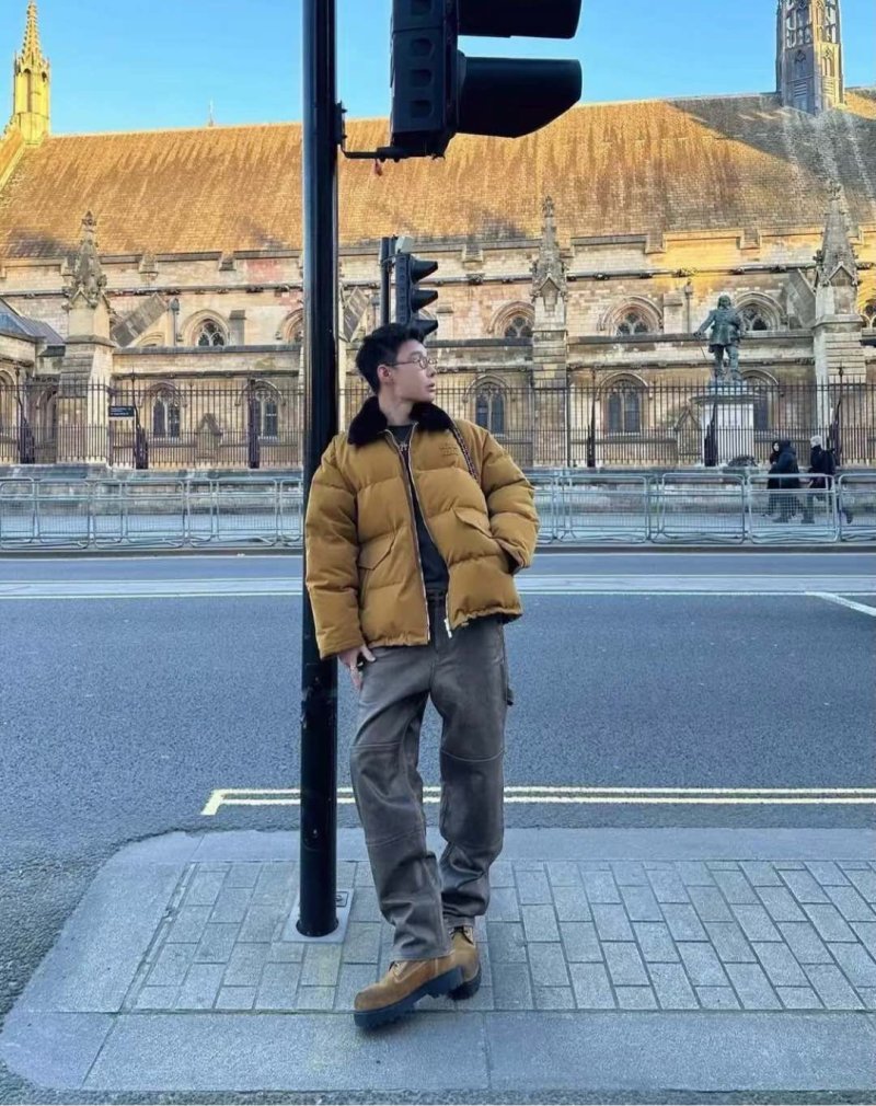 Camel Puffer Down Jacket with Embroidered Logo view