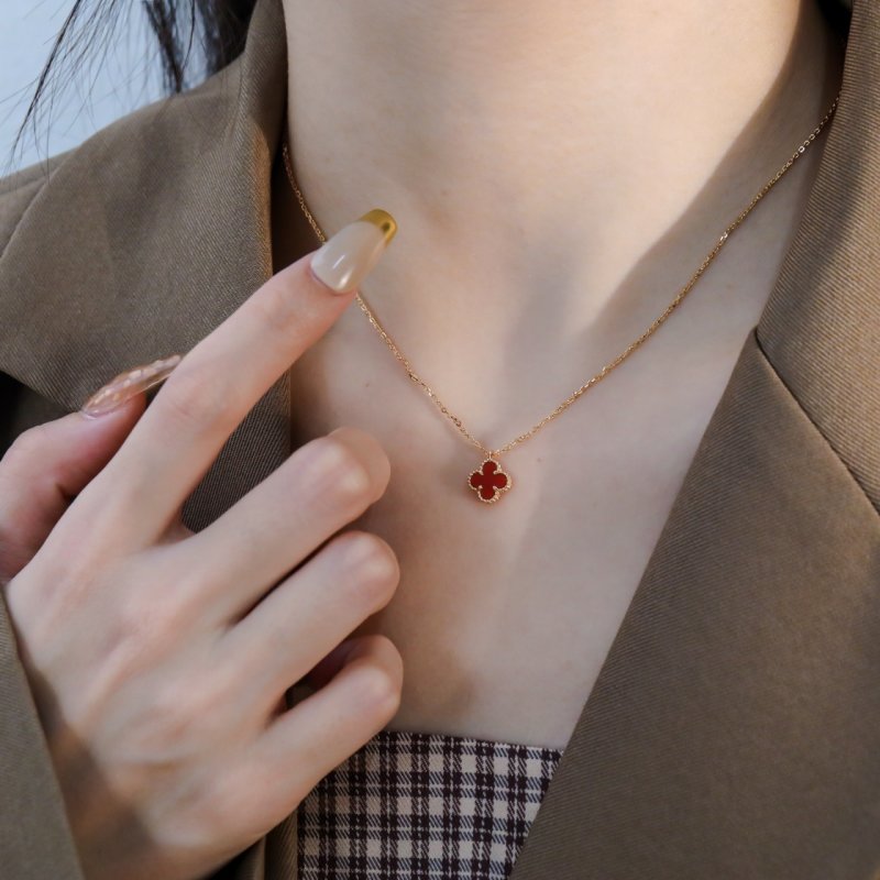 Red Clover Four-Leaf Pendant Gold Chain Necklace view