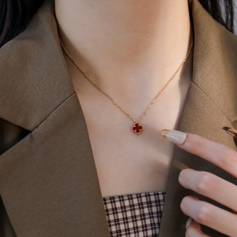 Red Clover Four-Leaf Pendant Gold Chain Necklace view