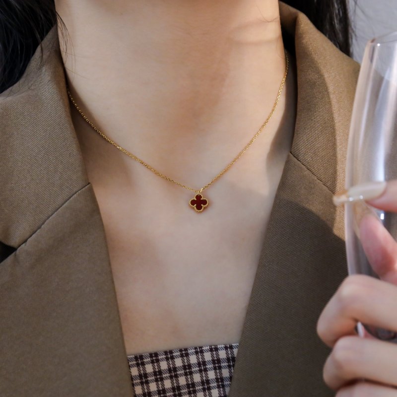 Red Clover Four-Leaf Pendant Gold Chain Necklace view