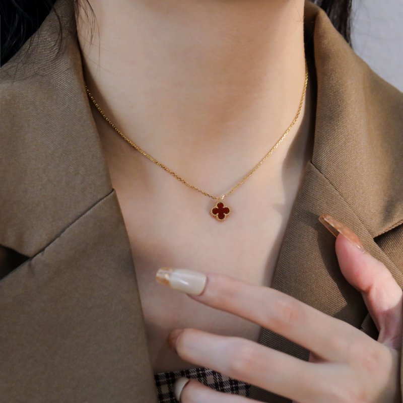 Red Clover Four-Leaf Pendant Gold Chain Necklace view