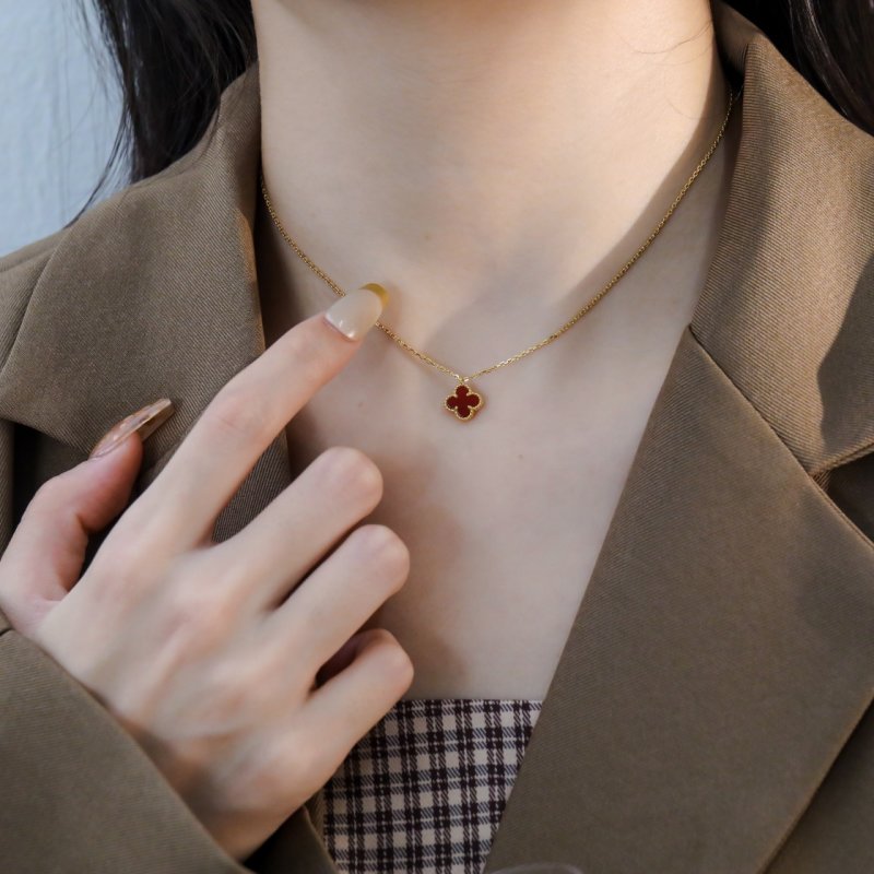 Red Clover Four-Leaf Pendant Gold Chain Necklace view