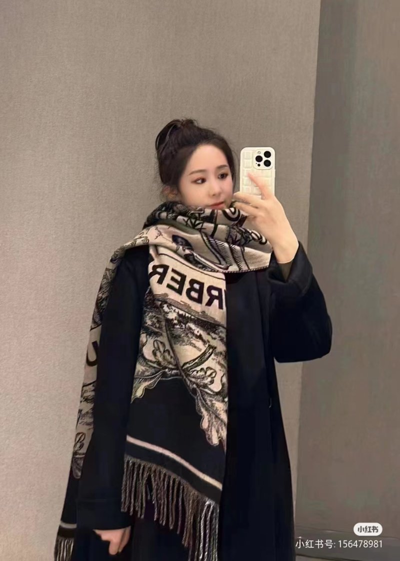 Burberry Monogram Map Double-Sided Fringe Scarf Black Cream