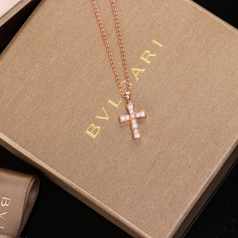 Bvlgari Snake Cross Diamond Pendant Necklace Rose Gold view