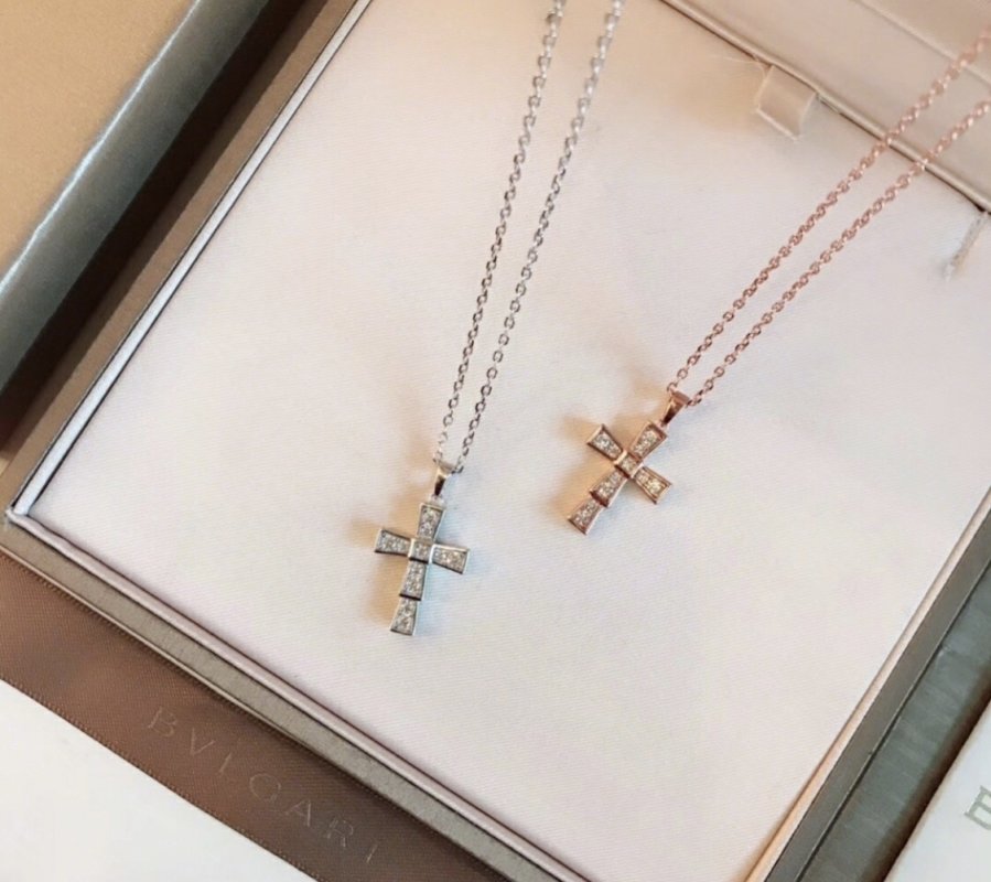 Bvlgari Snake Cross Diamond Pendant Necklace Rose Gold view