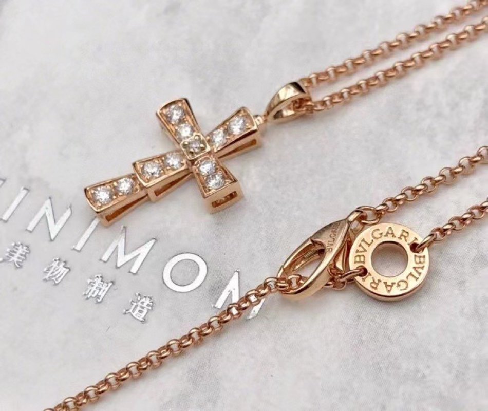 Bvlgari Snake Cross Diamond Pendant Necklace Rose Gold view