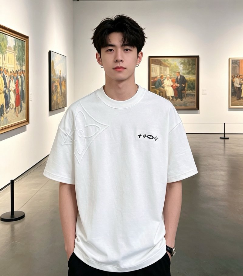 Minimalist White Graphic T-Shirt with Embroidered Logo view