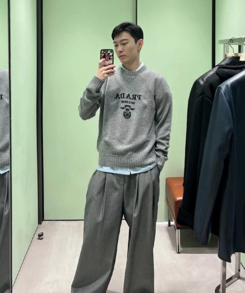 Grey Crewneck Sweater with Embroidered Logo