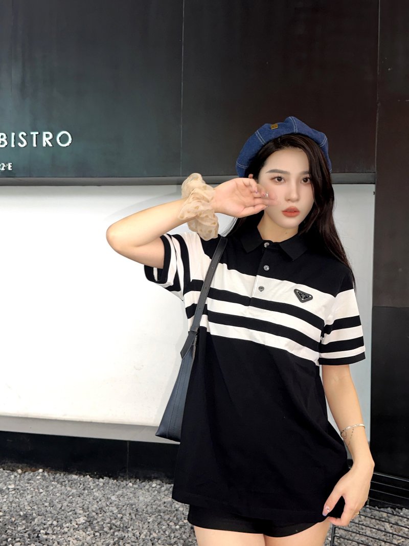 Prada Striped Polo Shirt Black White