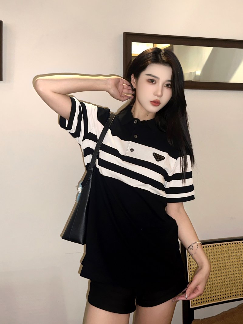 Prada Striped Polo Shirt Black White view