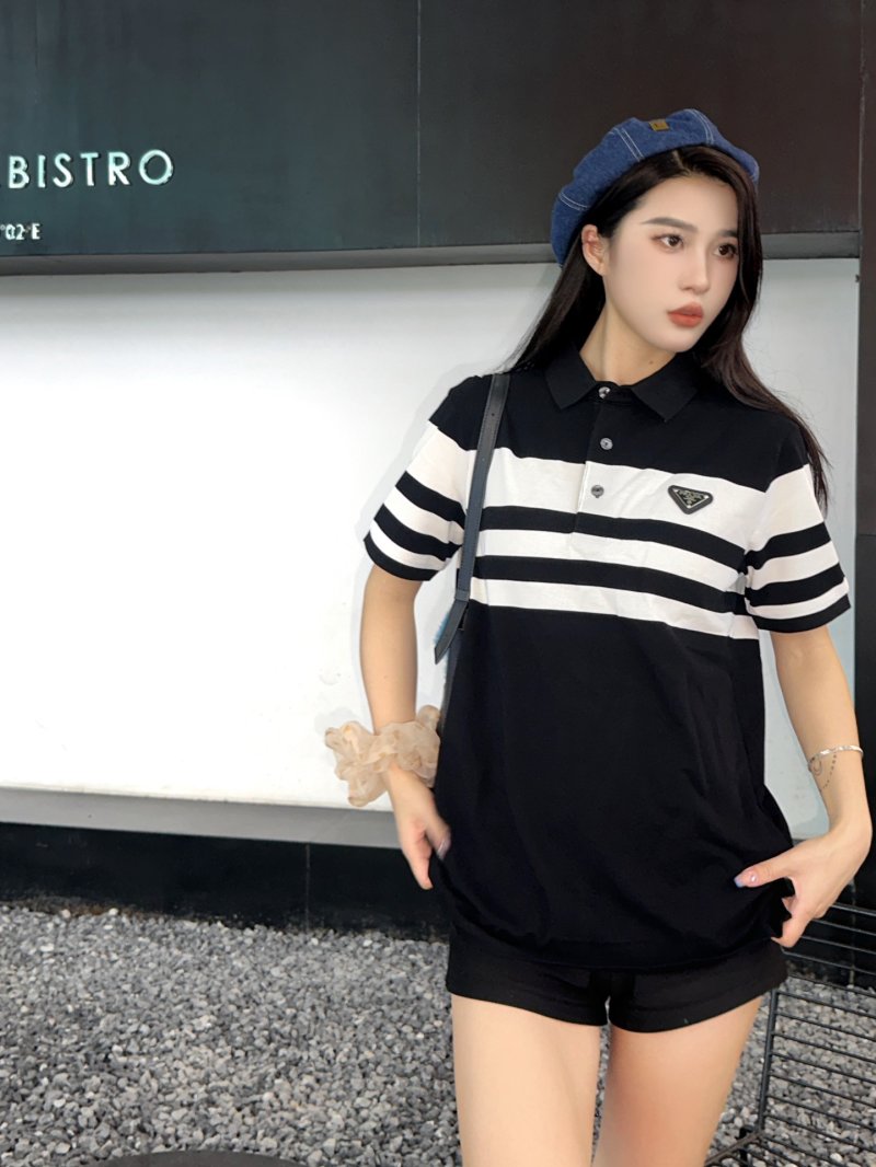 Prada Striped Polo Shirt Black White view