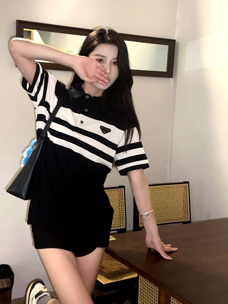 Prada Striped Polo Shirt Black White view