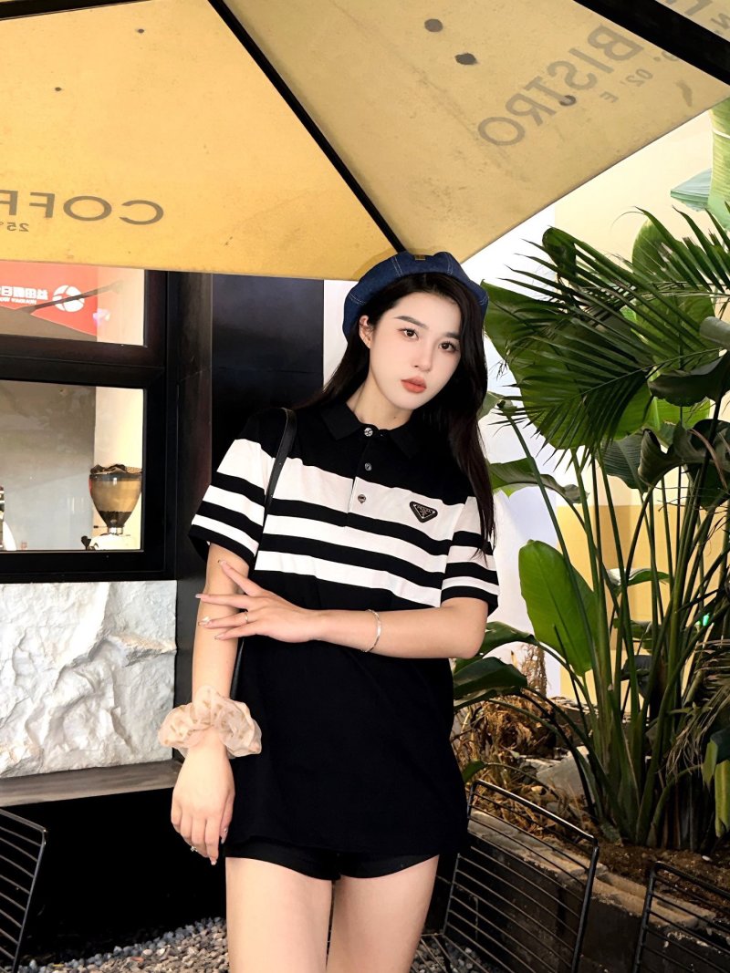 Prada Striped Polo Shirt Black White view