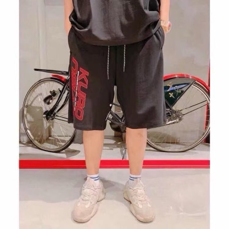Black Drawstring Shorts with Red Graphic Print