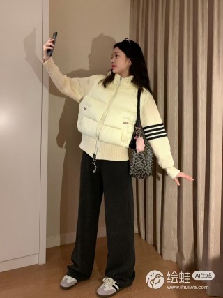 Cream Puffer Down Jacket with Striped Sleeves view 2