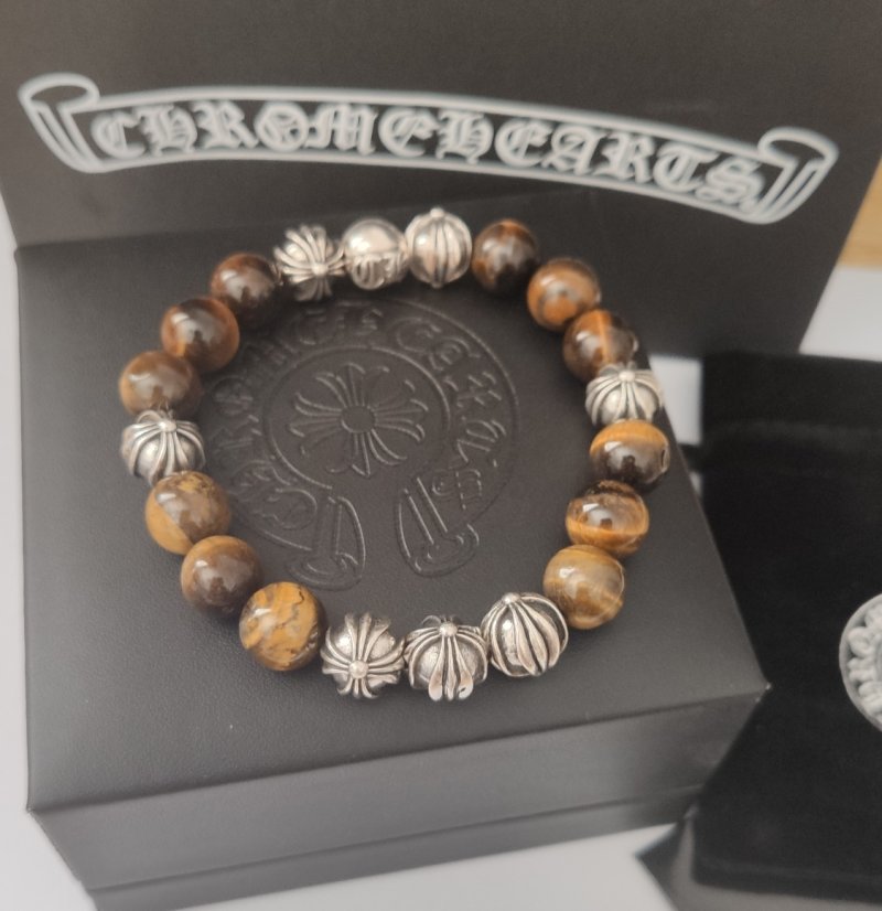 Chrome Hearts Cross Tiger Eye Beaded Bracelet Silver