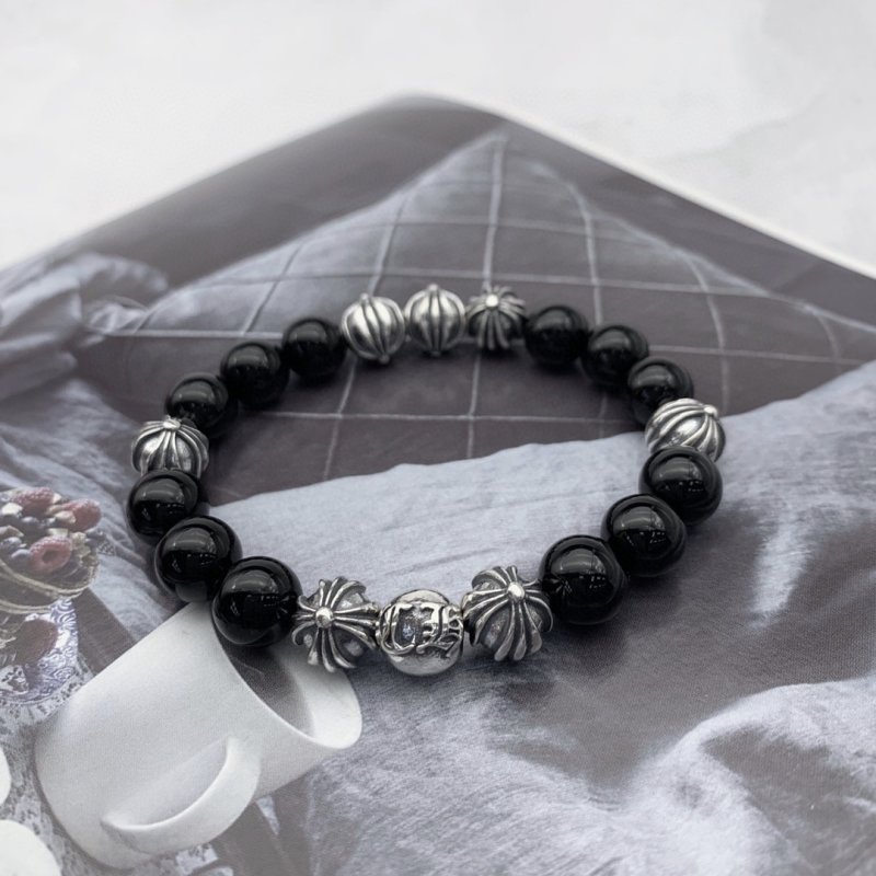 Chrome Hearts Black Obsidian Cross Beaded Bracelet
