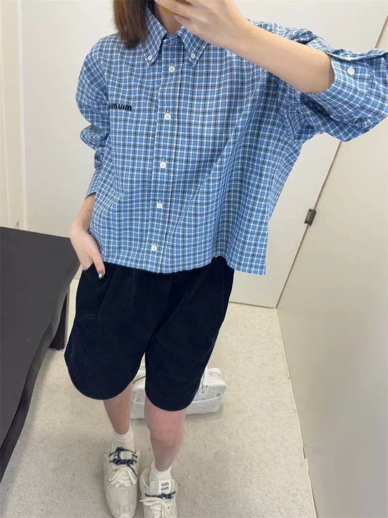 Miu Miu Check Embroidered Logo Shirt Blue view
