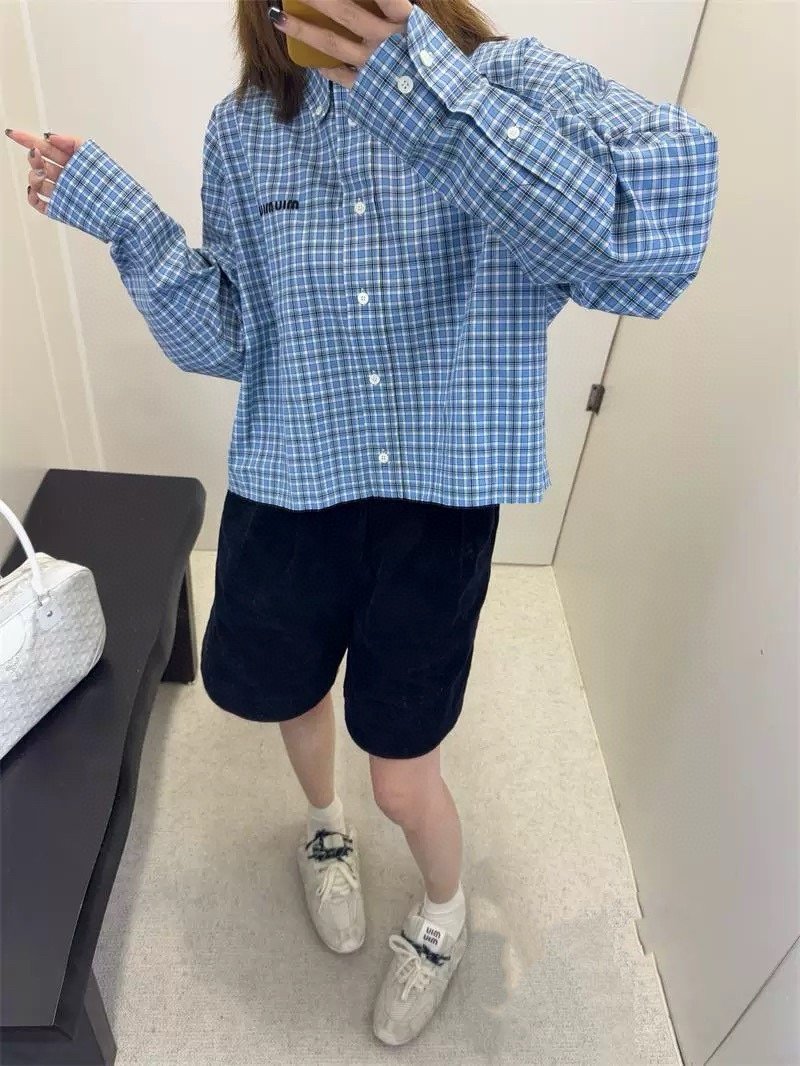 Miu Miu Check Embroidered Logo Shirt Blue view