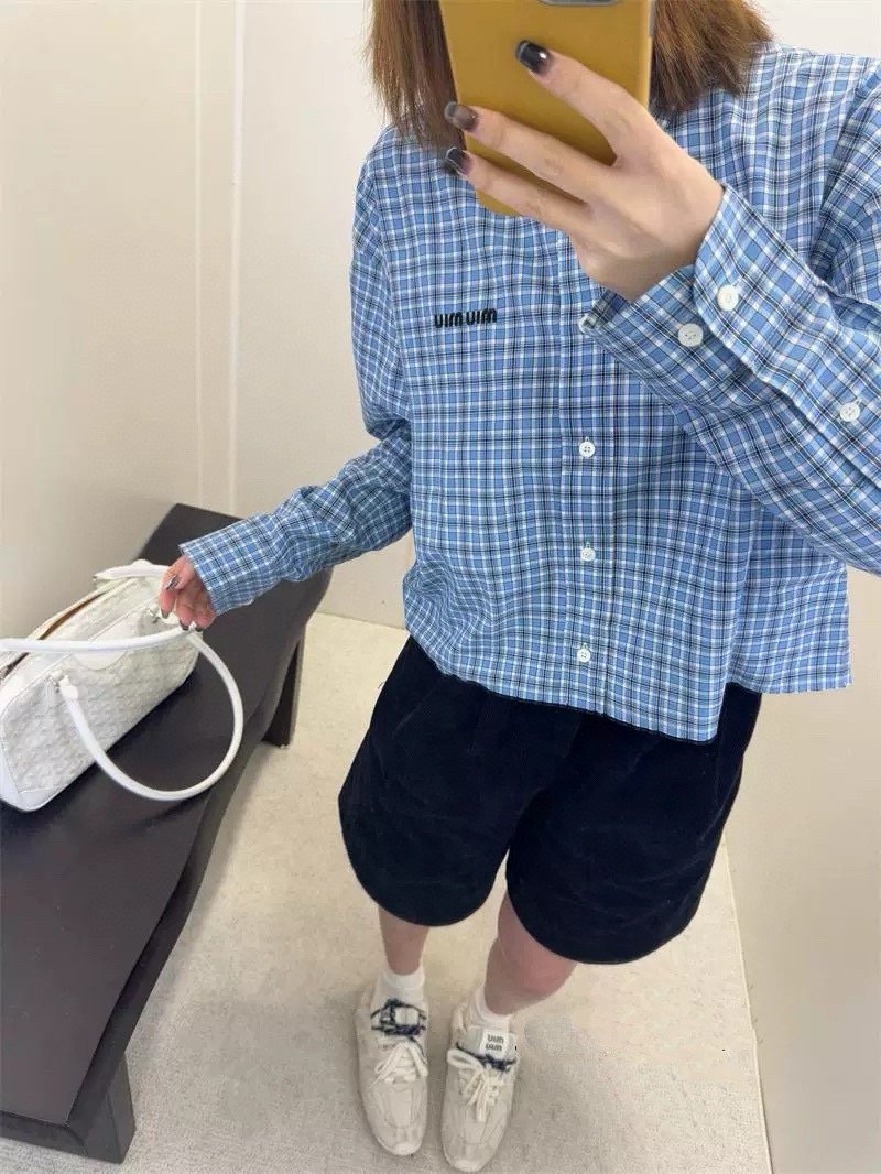 Miu Miu Check Embroidered Logo Shirt Blue view