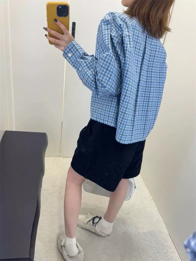 Miu Miu Check Embroidered Logo Shirt Blue view