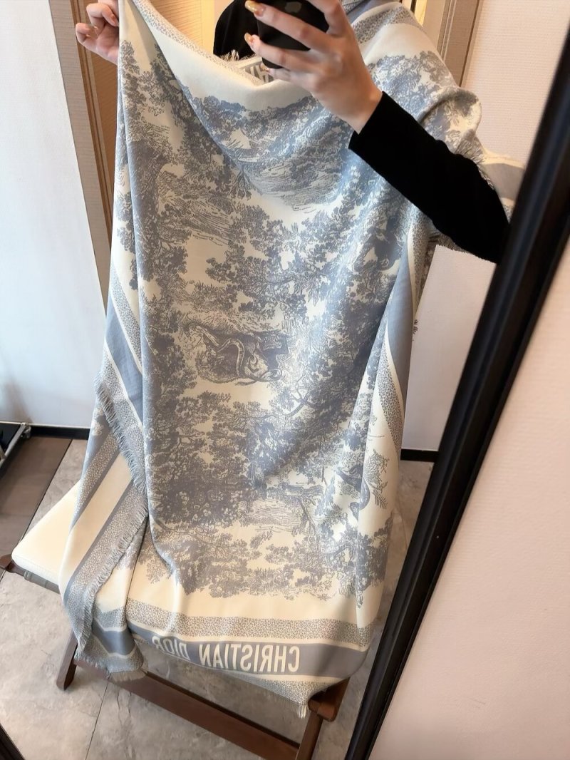 Dior Monogram Silk Cashmere Square Scarf - Grey & Cream view