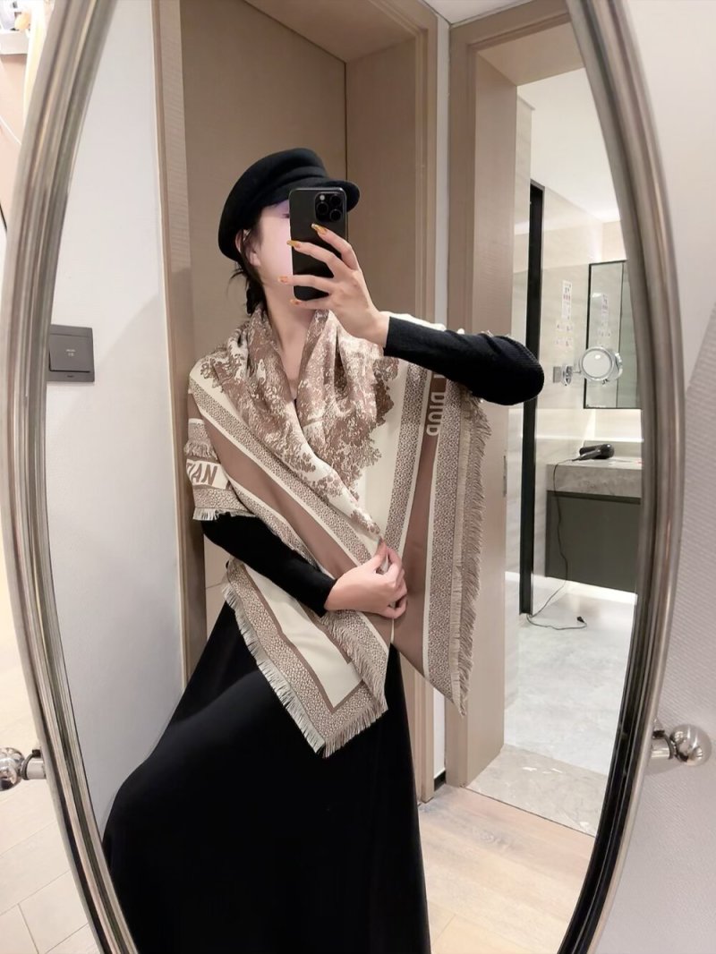 Dior Monogram Silk Cashmere Square Scarf - Grey & Cream view