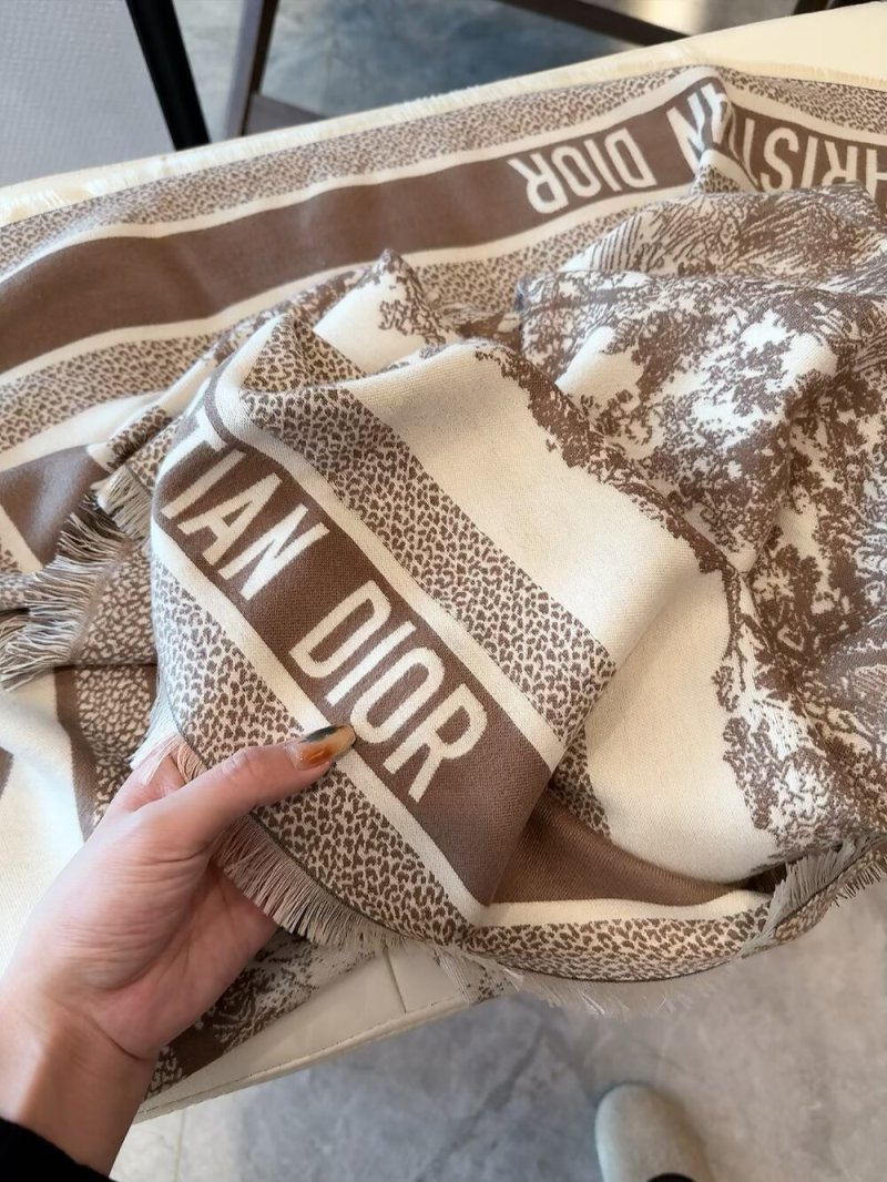 Dior Monogram Silk Cashmere Square Scarf - Grey & Cream view