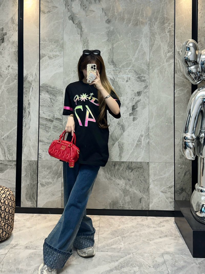 Black Graphic Print Short Sleeve T-Shirt with Neon Colorblock Design view