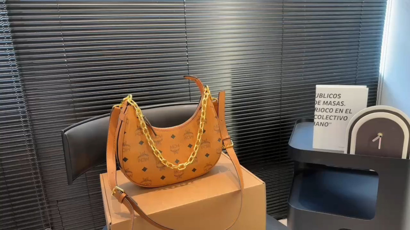 MCM Orange Monogram Hobo Shoulder Bag with Gold Chain