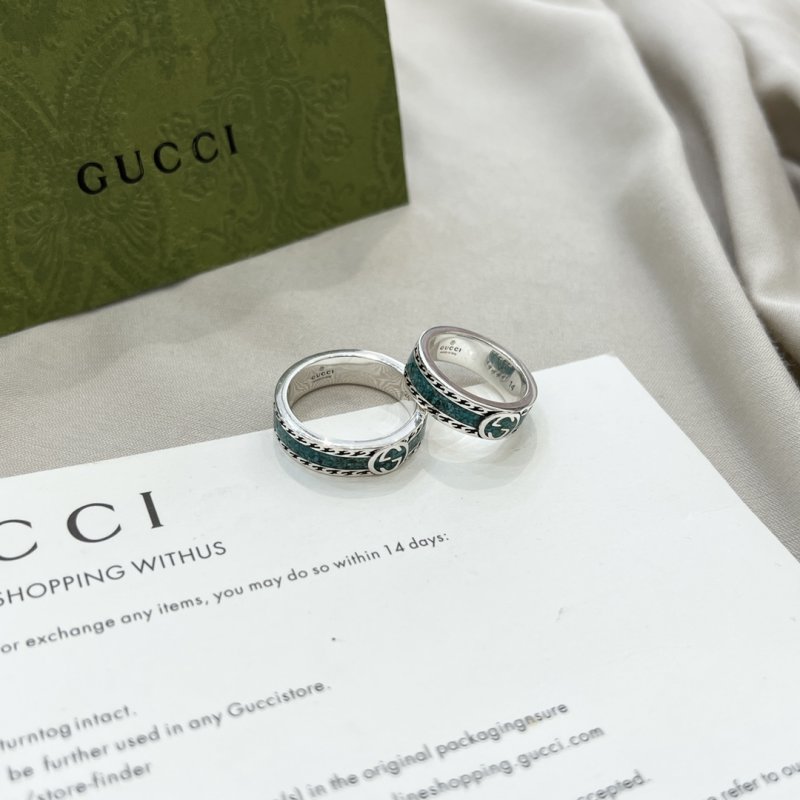 Gucci Double G Green Enamel 925 Silver Ring