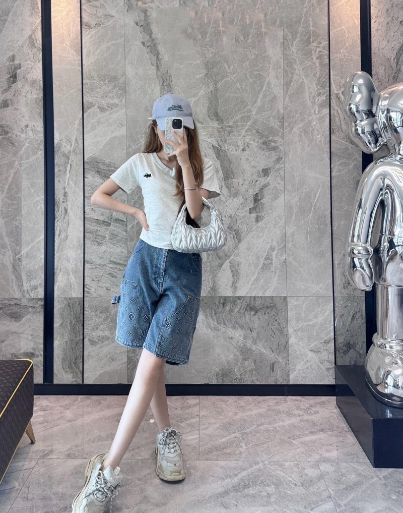 Blue Denim Shorts with Monogram Print