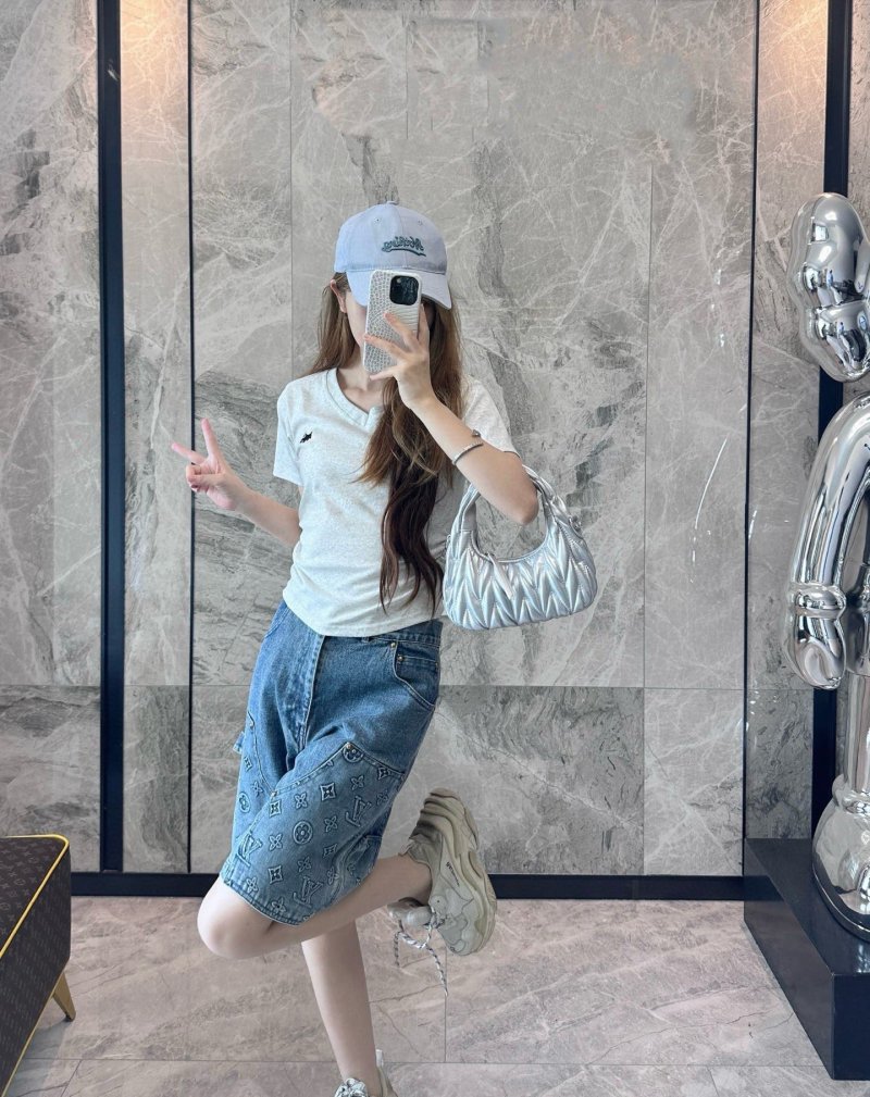 Blue Denim Shorts with Monogram Print view