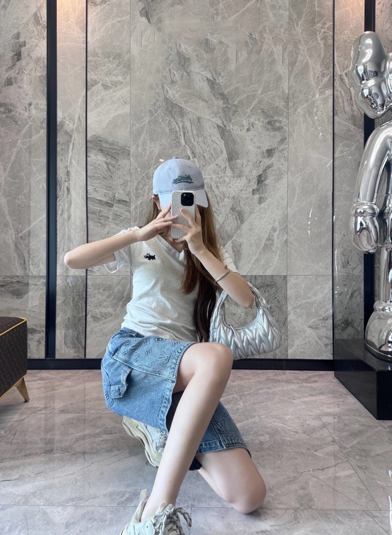 Blue Denim Shorts with Monogram Print view
