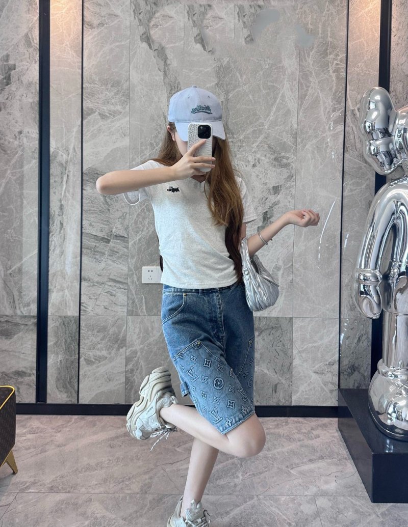 Blue Denim Shorts with Monogram Print view