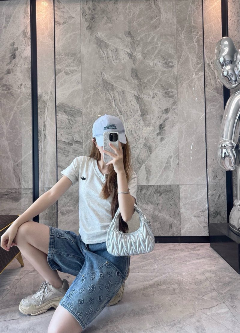 Blue Denim Shorts with Monogram Print view