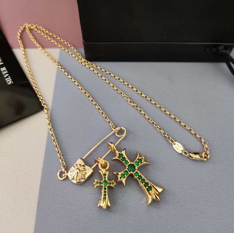 Chrome Hearts Gold Cross Pendant Necklace with Green Stones